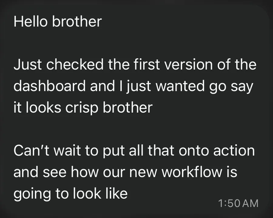 Just checked the first version of the dashboard and I just wanted go say it looks crisp brother Can’t wait to put all that onto action and see how our new workflow is going to look like