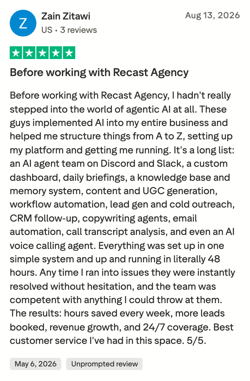 Trustpilot review by Zain Zitawi: Before working with Recast Agency