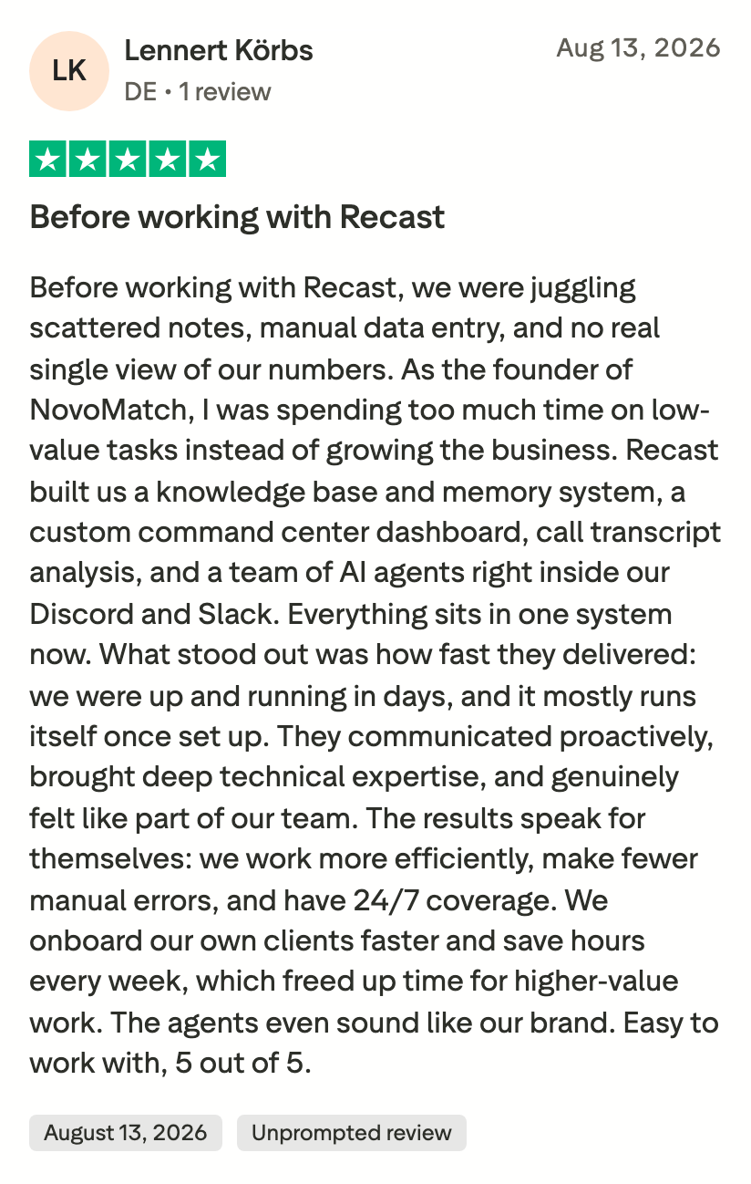 Trustpilot review by Lennert Körbs: Before working with Recast