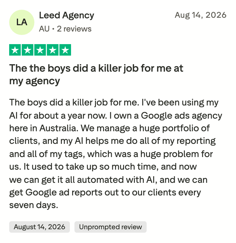 Trustpilot review by Leed Agency: The the boys did a killer job for me at my agency