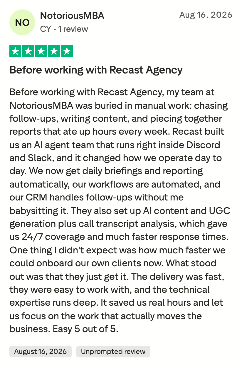 Trustpilot review by NotoriousMBA: Before working with Recast Agency