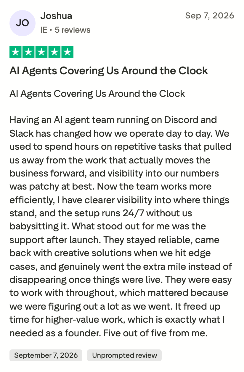 Trustpilot review by Joshua: AI Agents Covering Us Around the Clock